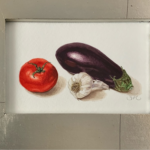 Original Framed Painting Kitchen Dining Eggplant Tomato Garlic 4x6 inch - Picture 3 of 4